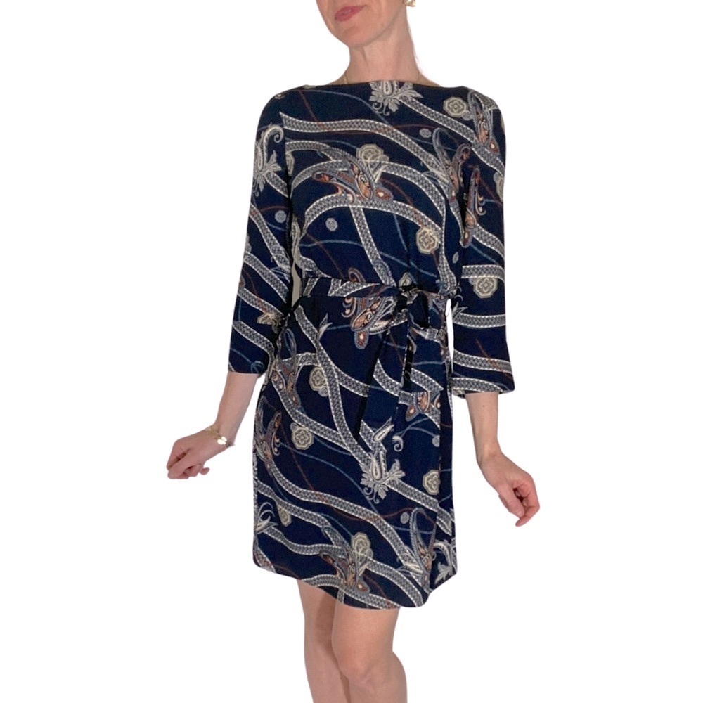 H&M boatneck paisley‎ luxury print shift dress navy blue 3/4 sleeve